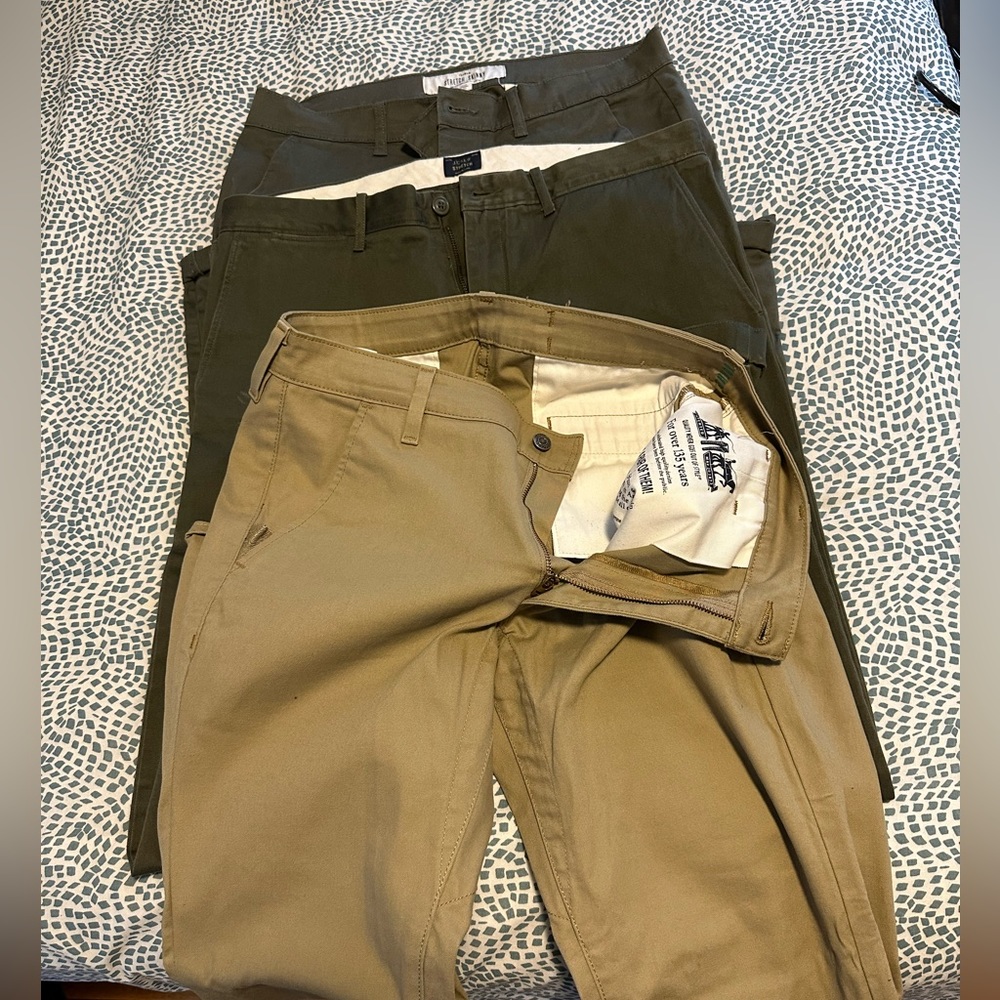 3 pairs of pants. Levi’s, j crew, top man